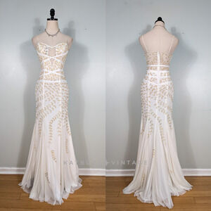 Cache Prom Dress Maxi Wedding Gown S Cream Y2K Floral Bead Beach Bride Mermaid
